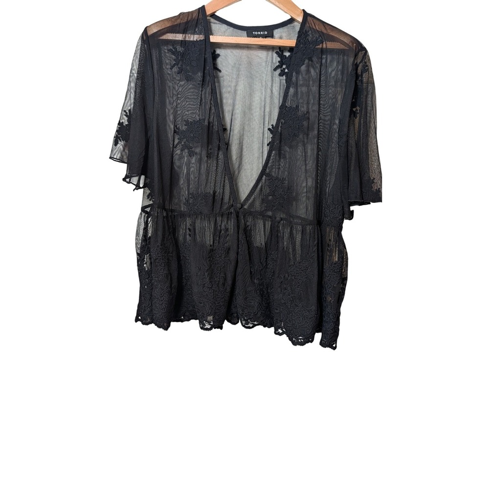 Torrid Black Sheer Mesh Embroidered Lace Trim Kimono Cardigan Top Plus Size 2